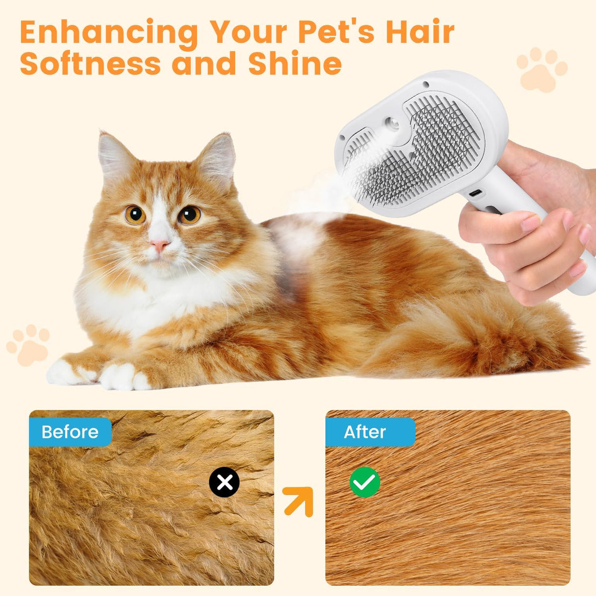 Furvana 3-in-1 steam cat brush grooming a ginger cat, showing before and after results for soft and shiny fur.