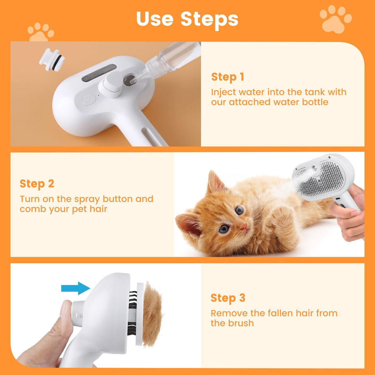Furvana 3-in-1 steam cat brush showing step-by-step instructions for filling, grooming, and self-cleaning.