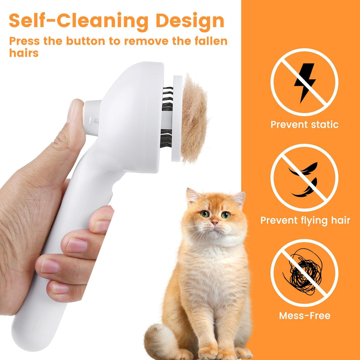 Furvana 3-in-1 steam cat grooming brush with self-cleaning button, held in hand next to an orange tabby cat.