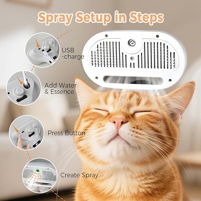 Furvana 3-in-1 steam cat brush showing setup steps for water, charging, and misting on a happy orange tabby cat