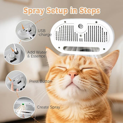 Furvana 3-in-1 steam cat brush showing setup steps for water, charging, and misting on a happy orange tabby cat