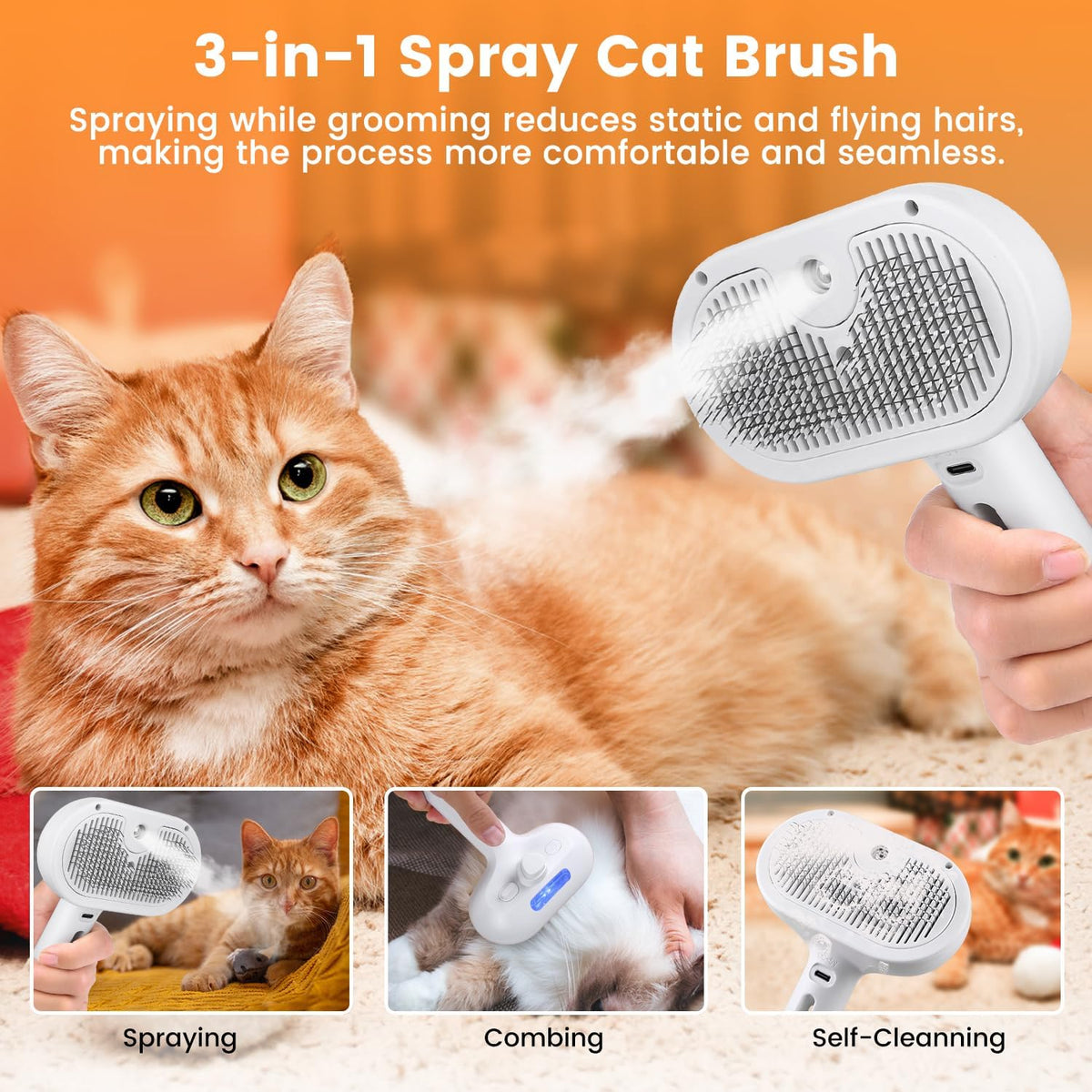 Furvana 3-in-1 steam cat brush grooming an orange tabby cat with gentle mist and self-cleaning bristles