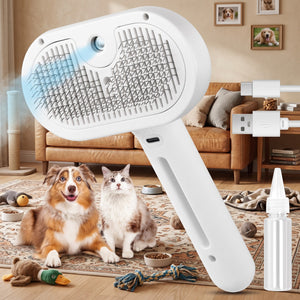 Furvana 3-in-1 steam grooming brush for pets with soft bristles, mist function, and USB charging cable in a living room