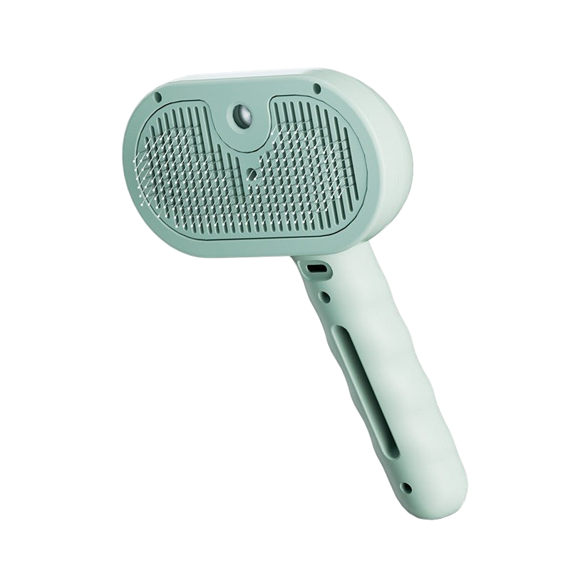 Furvana 3-in-1 steam pet grooming brush in sage green with soft bristles and a comfortable ergonomic handle