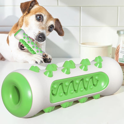 Furvana white and green textured TPR dental chew toy for dogs being enjoyed by a Jack Russell Terrier