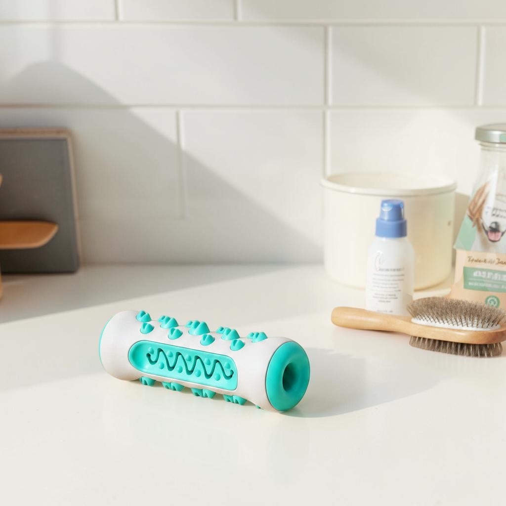 Furvana white and green TPR dental chew toy with textured surface for cleaning dog teeth and dispensing treats