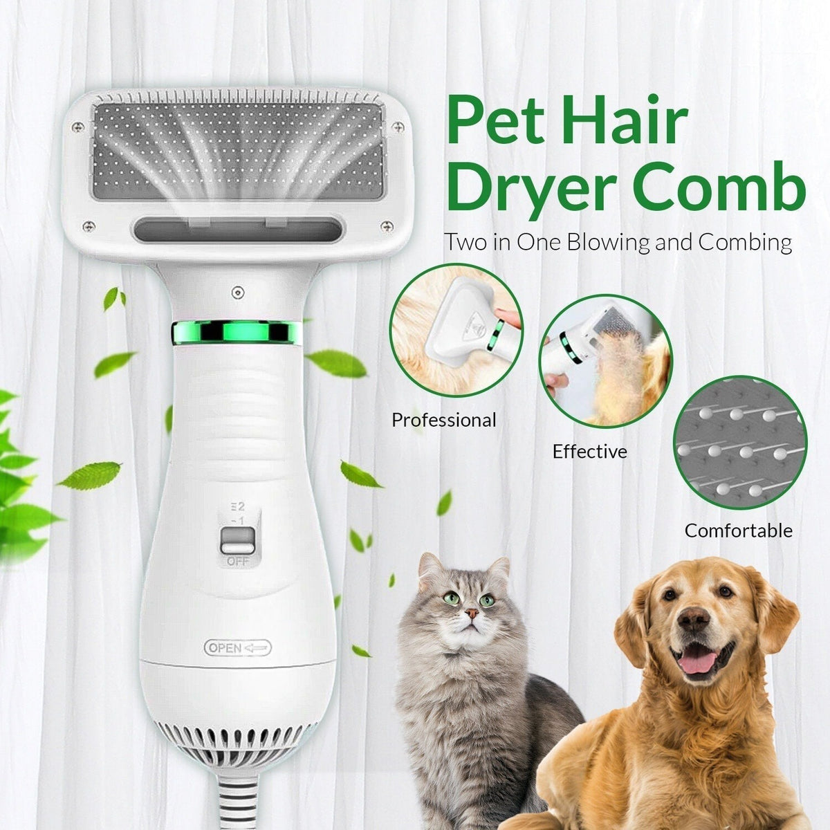 Furvana white 2-in-1 pet dryer brush with slicker bristles for grooming and drying cats and dogs