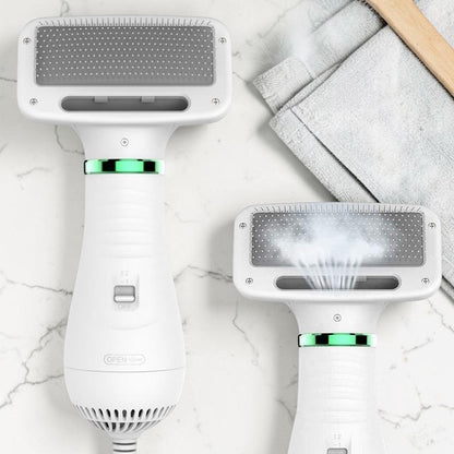 Furvana 2-in-1 white pet dryer brush with slicker bristles and dual heat settings for grooming dogs and cats
