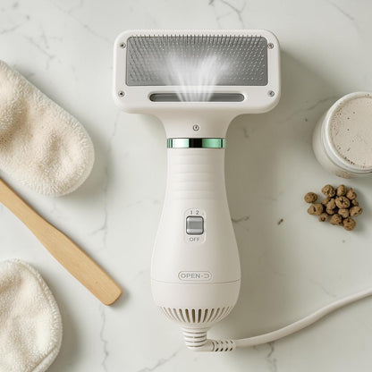 Furvana white 2-in-1 pet dryer brush with slicker bristles and adjustable heat settings on a marble surface