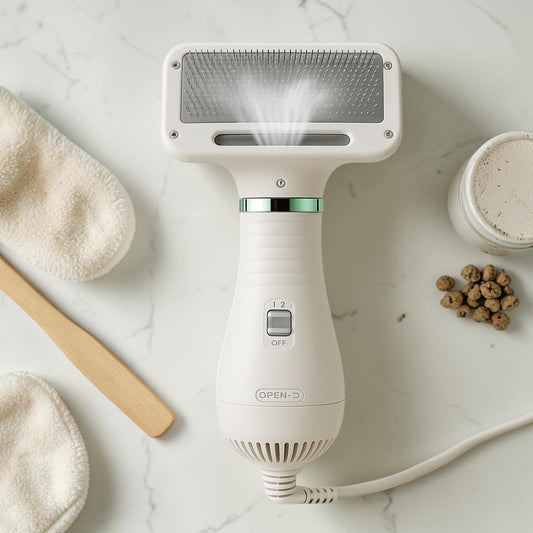 Furvana white 2-in-1 pet dryer brush with slicker bristles and adjustable heat settings on a marble surface