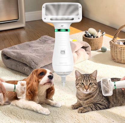 Furvana 2-in-1 white pet dryer brush grooming a dog and a cat on a soft rug