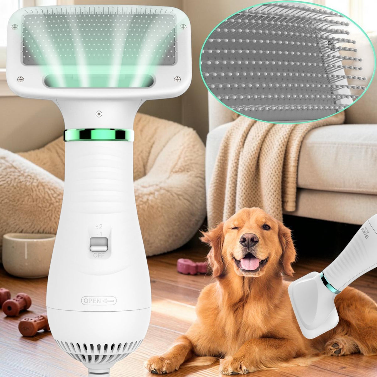 Furvana 2-in-1 white pet dryer brush with slicker bristles, shown with a golden retriever in a living room setting