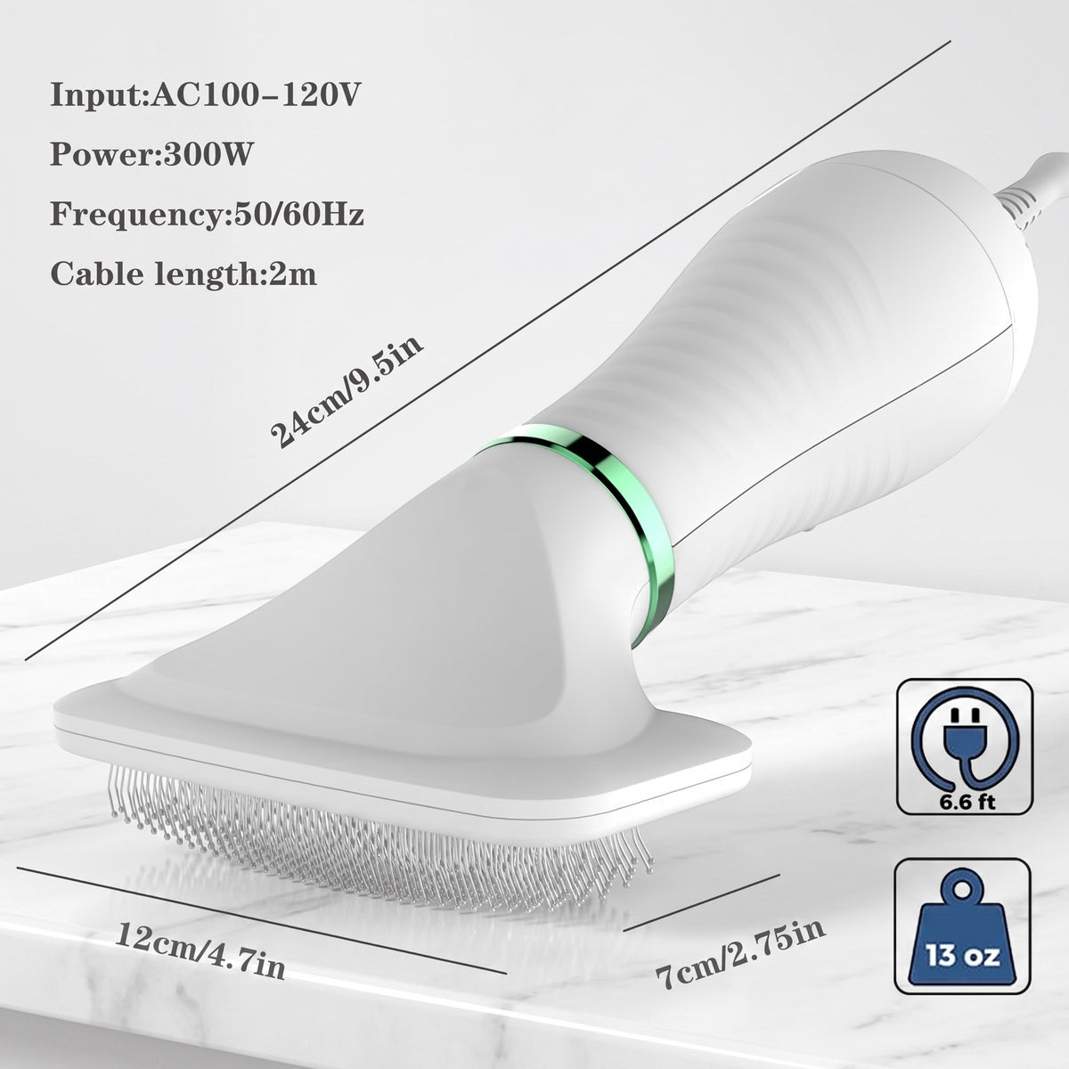 Furvana white 2-in-1 pet dryer brush with slicker bristles and technical specifications on a marble surface