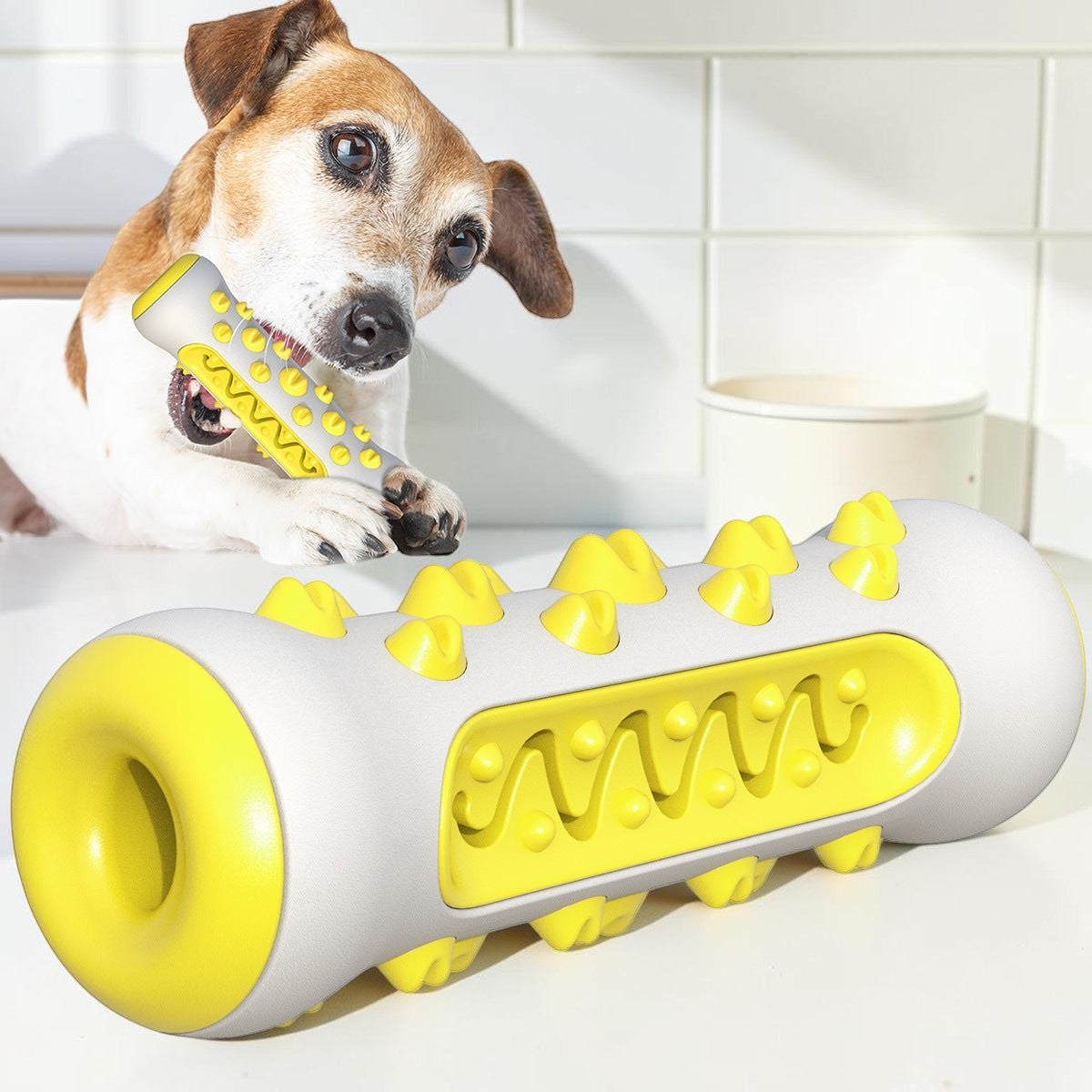 Furvana white and yellow TPR dental chew toy with textured surface for dogs, held by a Jack Russell Terrier.