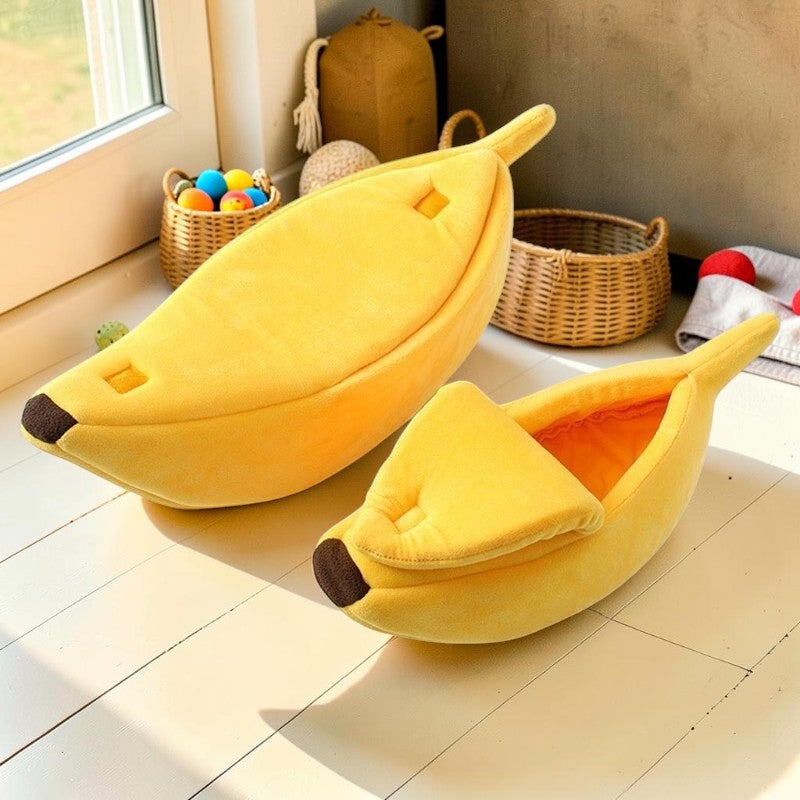 Furvana banana-shaped pet beds in yellow plush fabric with a peelable top design for cats and small dogs.