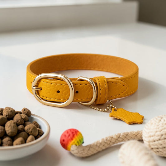 Furvana yellow genuine cowhide leather dog collar with stainless steel buckle, D-rings, and a small leather hangtag.
